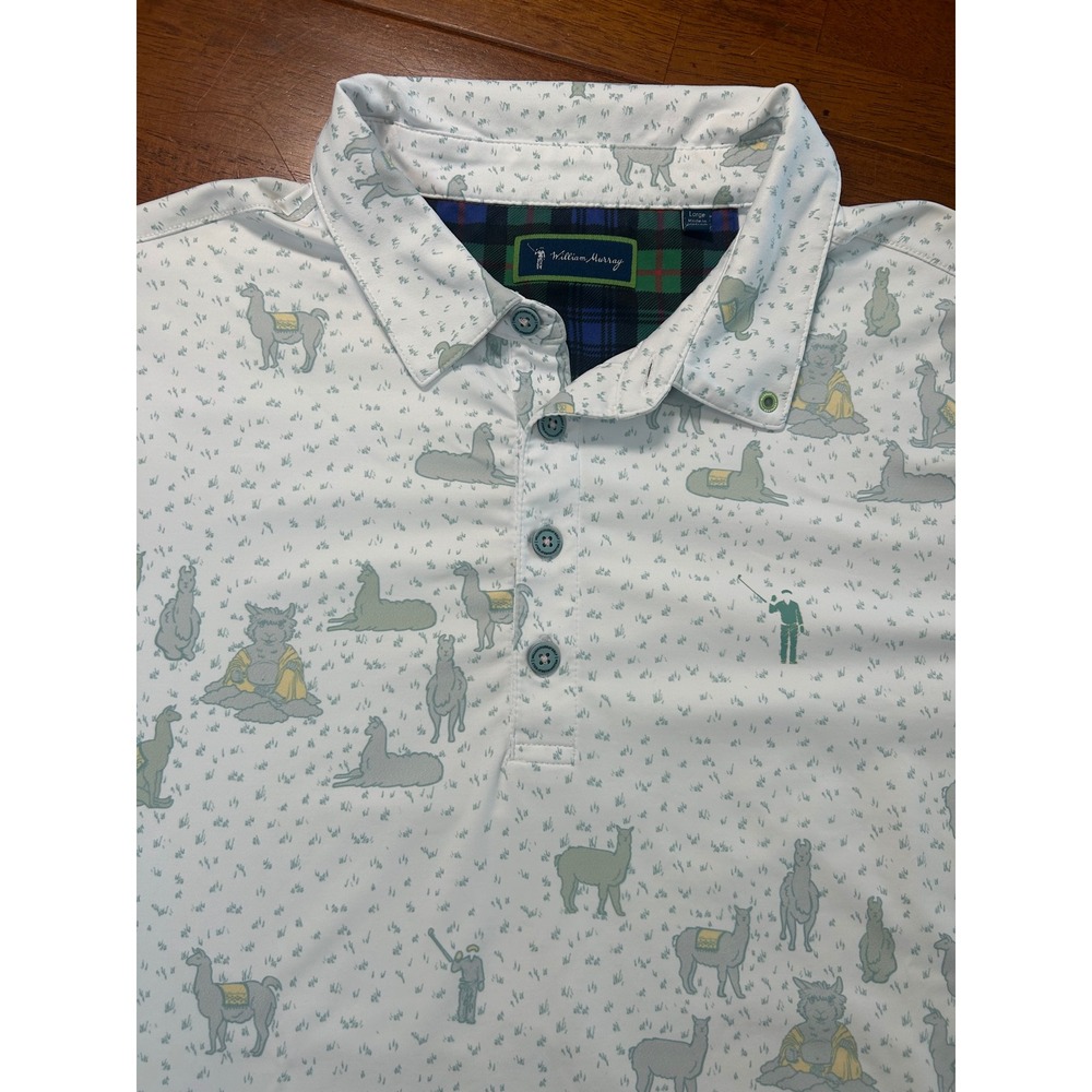 William Murray Golf Polo Mens Large White Llama Alpacas Print Short Sleeve Shirt